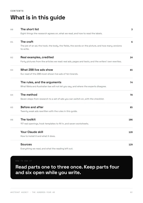 Page 2: the guide's contents, with each part and the page it starts on