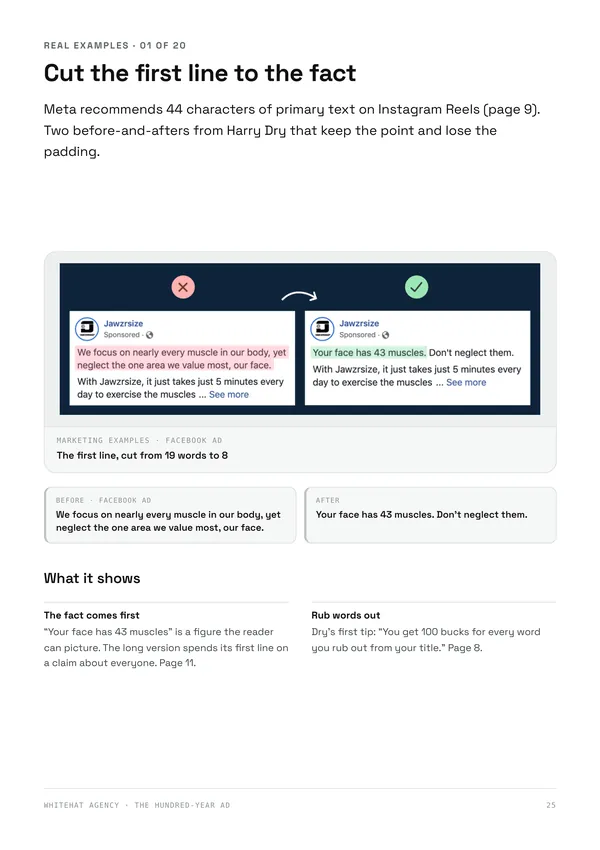 Page 25: a credited before-and-after rewrite by Harry Dry of Marketing Examples that cuts a Facebook ad's first line from 19 words to 8