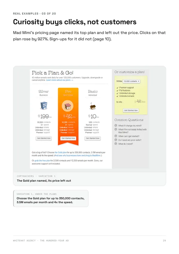 Page 29: a real pricing-page test where leaving out a plan's price lifted its clicks by 927% but not its sign-ups