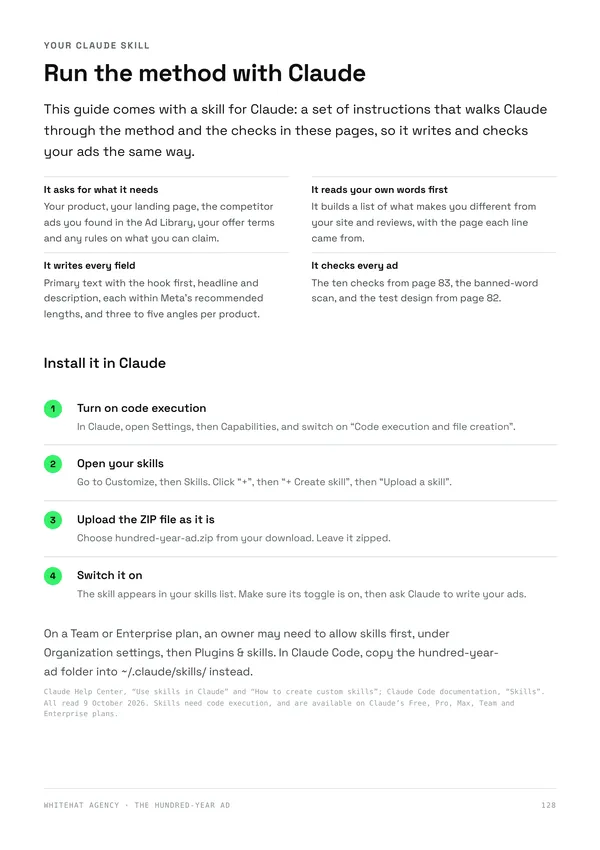 Page 128: what the Claude skill does and how to install it in four steps