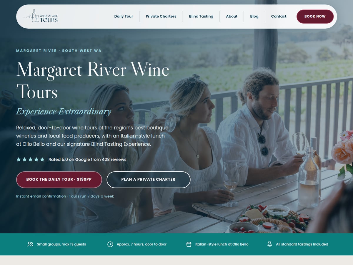 The rebuilt Waves of Wine Tours homepage, with the tour price, the Google rating and two booking buttons above the fold