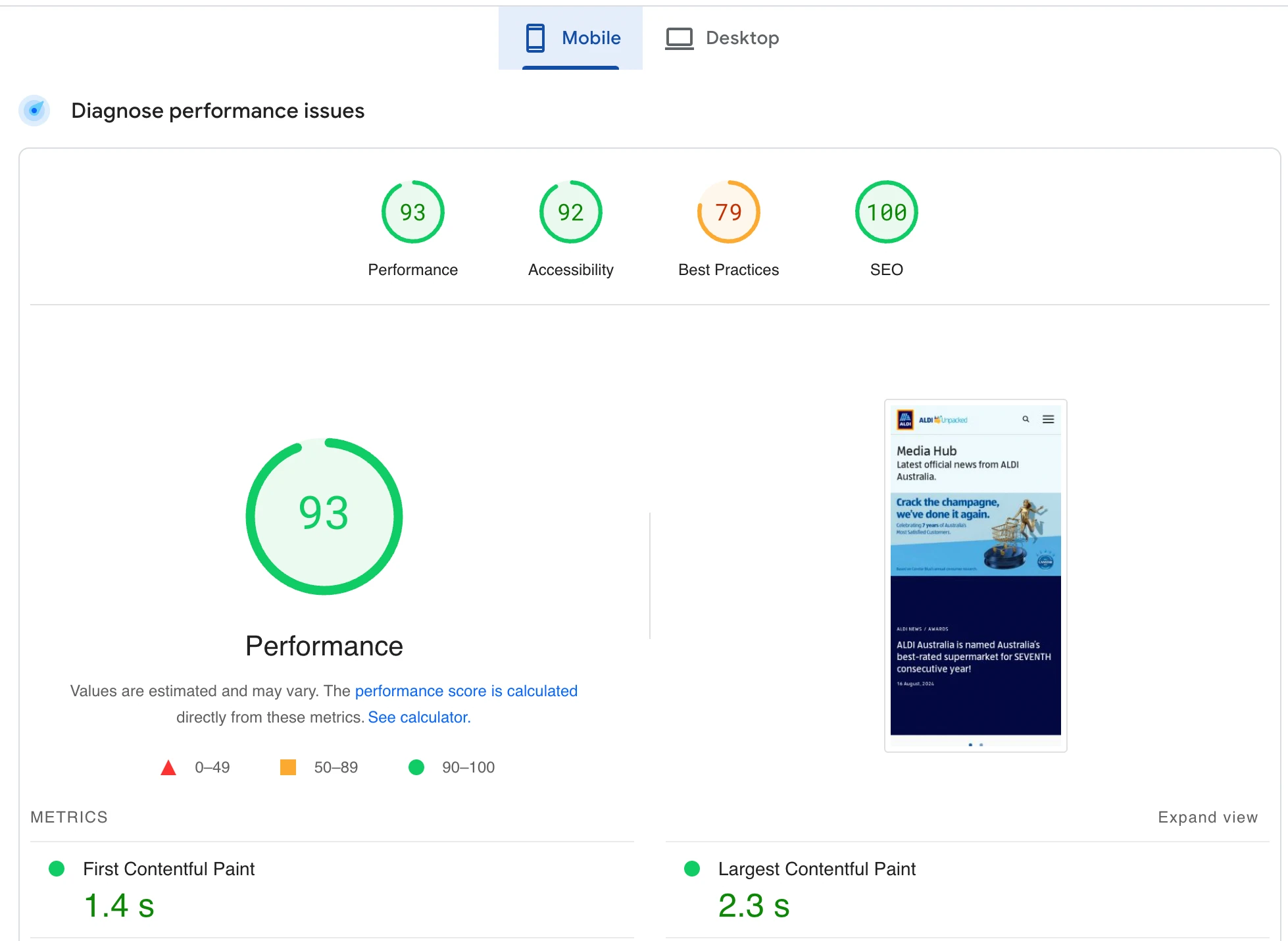 Aldi Unpacked PageSpeed report — Whitehat Agency